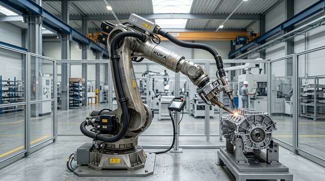 Industrial robot arm welding metal engine parts in a modern factory workshop setting