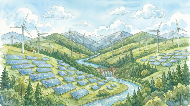 Watercolor illustration of a clean energy landscape featuring wind turbines, solar panels, and a hydroelectric dam in a green mountain valley
