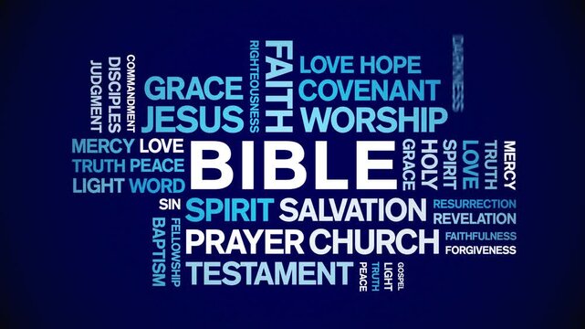 Bible animated word cloud-text design animation tag kinetic typography seamless loop.