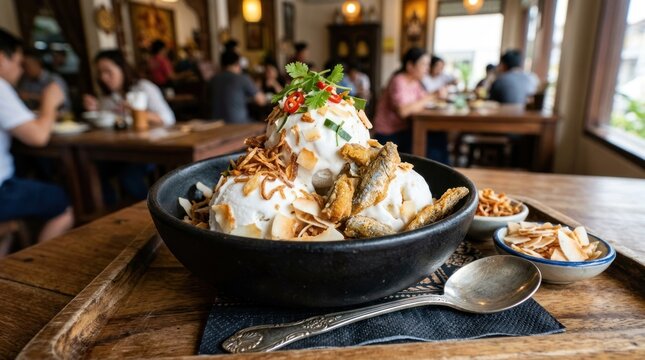 A large, dark bowl overflows with a generous portion of Thai ice cream, known as 'Kluay Tod'. The ice cream is topped with crispy fried shallots, fresh cilantro, and sliced chili peppers.