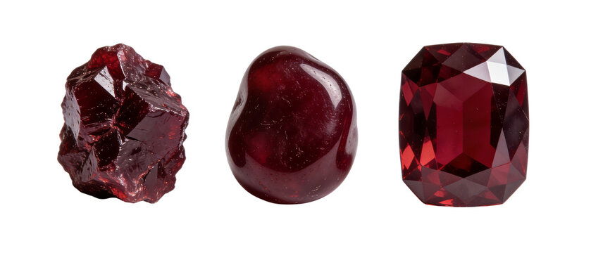 Garnet gemstones raw cabochon and faceted set isolated on dark background, deep red mineral collection for luxury jewelry design