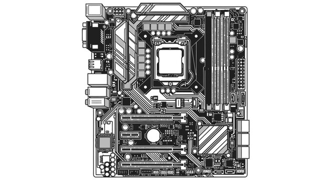 Detailed illustration of a computer motherboard showcasing intricate circuitry and components.