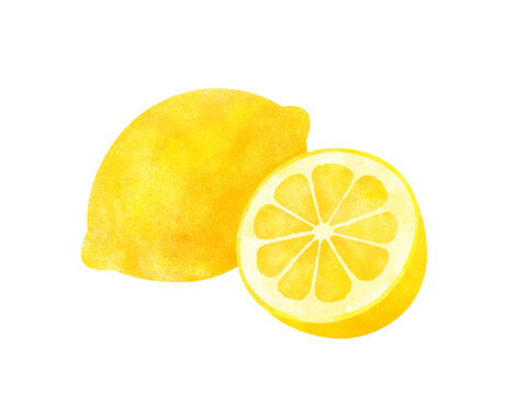 水彩画風のレモンのイラスト、丸ごとと断面のセット / Watercolor illustration of lemon set, whole and half cut.	

