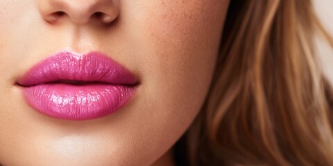 Fototapeta premium Close-up of a beautiful woman's lips with vibrant pink gloss and soft skin texture