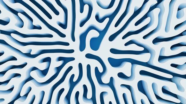 Abstract organic reaction diffusion process with a smooth transition, forming a detailed labyrinthine pattern in white and blue motion background.