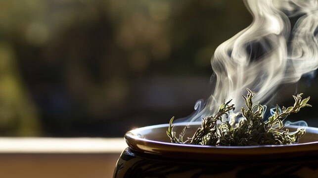 mugwort. A small bundle of dried mugwort smoldering in a ceramic pot, herbal smoke. gardening catalogs, home-decor guides, designed for gardening and botanical catalogs, used by bi analysts.
