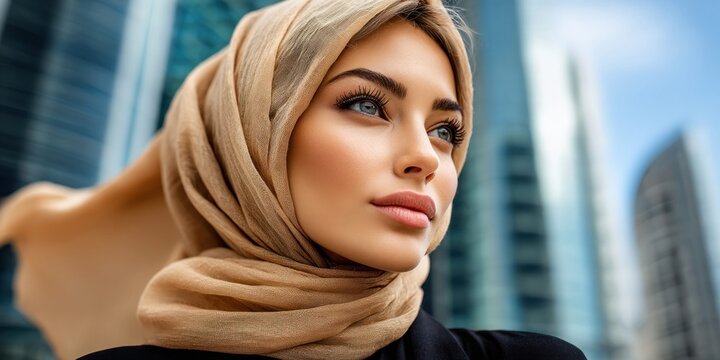 Elegant Muslim woman in beige hijab looking thoughtfully towards the future with city skyscrapers behind her