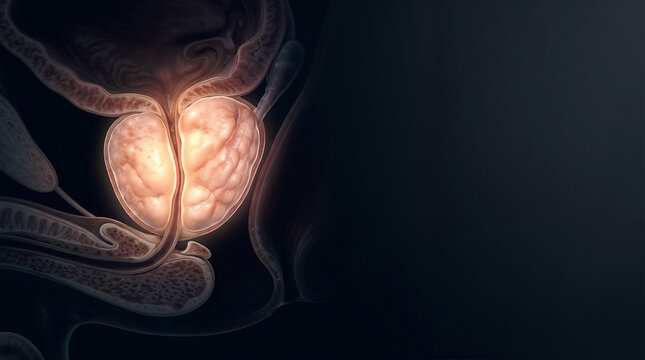 3D medical illustration of human male prostate gland anatomy with glowing highlights