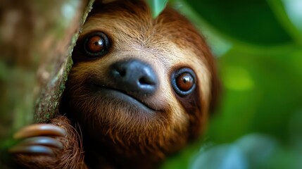 Fototapeta premium A delightful close-up of a sloth peeking from behind a tree branch, showcasing its charming smile and engaging the viewer with a captivating expression in a lush environment.