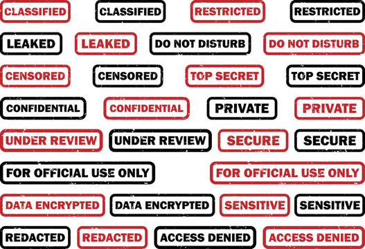 Confidential Rubber Stamp Set. Transparent Grunge Effects. Red and Black Classified, Restricted, Censored, Top Secret and Security Stamps Collection for Documents, Data Protection and Business Use