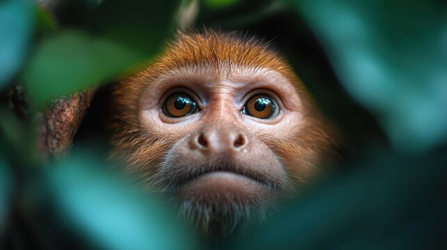 A close-up shot of a curious monkey peeking out from behind green foliage, revealing its thoughtful expression and showcasing the beauty of wildlife in its natural habitat.