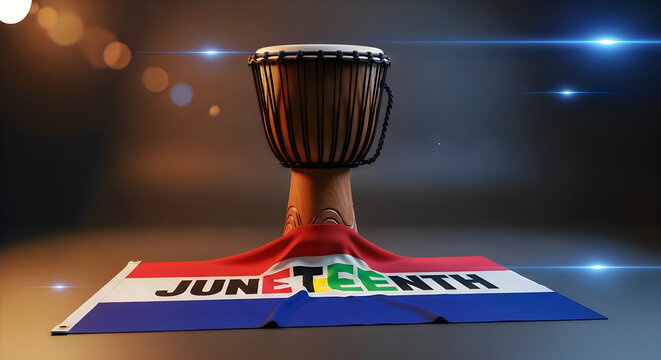 Juneteenth flag djembe drum on display for juneteenth celebration.