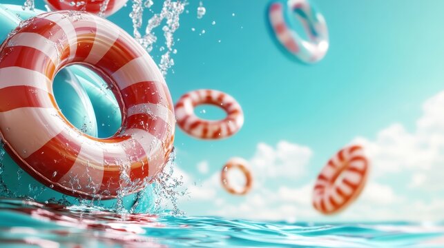 Brightly colored life preservers bobbing in cool, refreshing pool water, capturing a joyous summer vibe that invites relaxation, fun, and safety while lounging by the water.