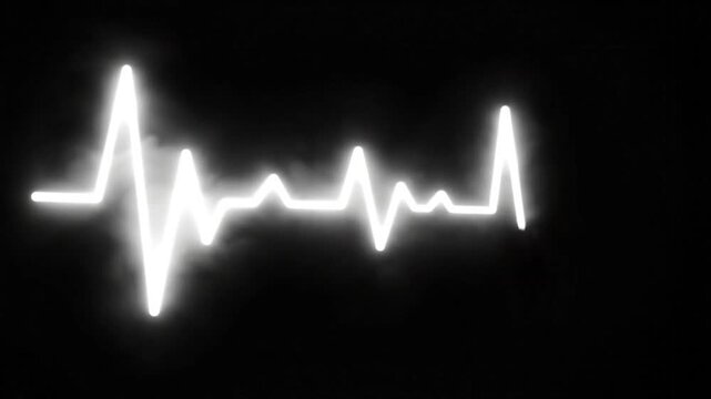 Bright neon white heartbeat line pulses on a black background, representing life and health