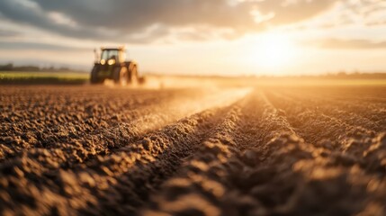Fototapeta premium A powerful tractor is tilling the rich brown soil under a stunning sunset, creating clouds of dust that dance in the golden light, symbolizing the essence of farming and hard work.