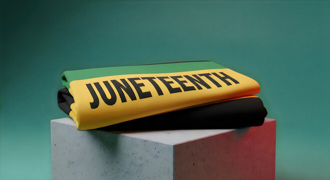 Juneteenth day folded flag resting on white concrete box surface.