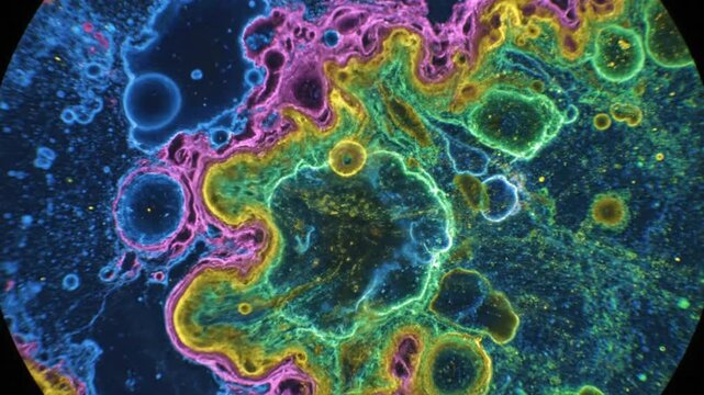 Abstract macro view of a colorful swirling substance with vibrant textures and intricate patterns