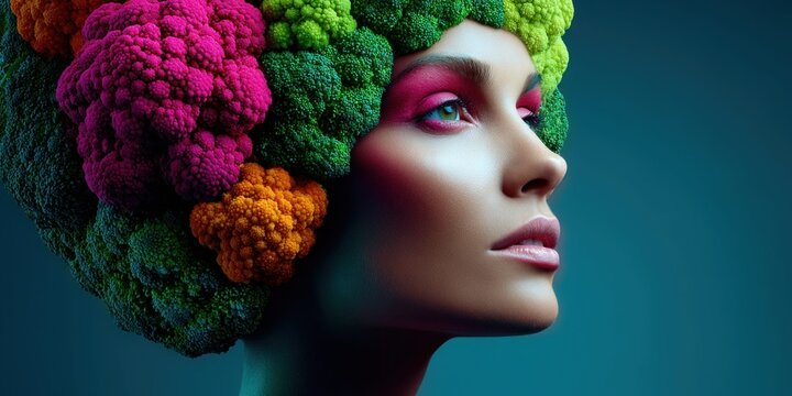 Elegant woman with vibrant broccoli hairstyle and striking makeup on a teal background