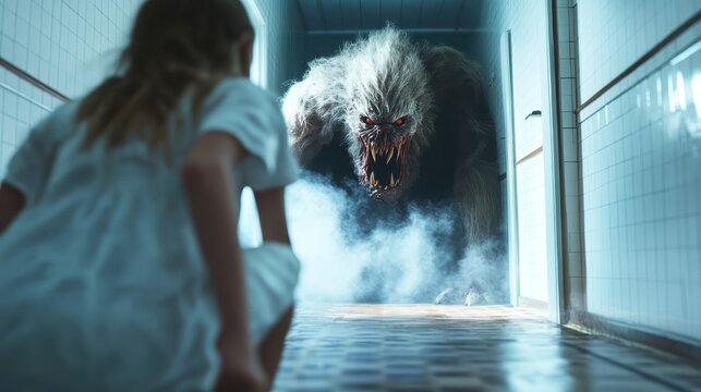A chilling scene unfolds as a monstrous creature looms in a foggy hospital corridor, showcasing fear and vulnerability in a dark, suspenseful atmosphere.