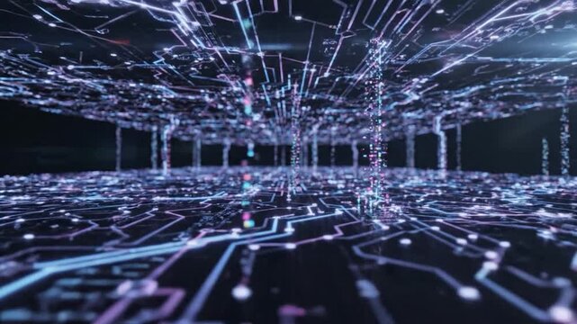 Futuristic glowing computer processor circuitry network transferring electronic information through advanced interconnected digital data pathways