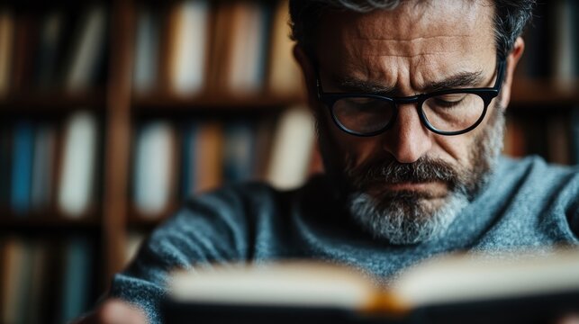 A focused man in reading glasses absorbed in a book, surrounded by shelves of books, capturing the essence of knowledge, reflection, and literary pursuits.