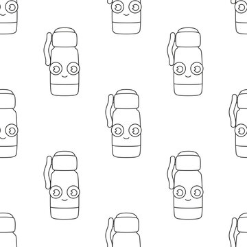 kawaii water bottle thermos outline seamless pattern