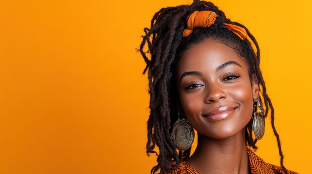 A cheerful portrait of a young woman with bright joy against a vibrant orange background, reflecting positivity, confidence, and the beauty of self-expression through fashion and style.