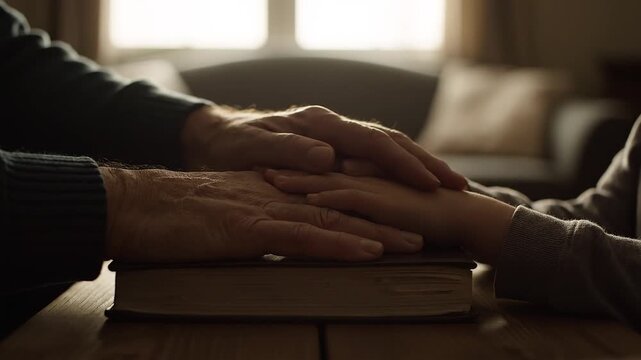 little boy's hand and grandpa praying bible. religion concept holy book bible. little boy prays at home lifestyle in the evening by the bed on the bible. Close up on hands and bible