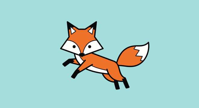 Cute cartoon fox jumping, playful animal illustration, isolated on light blue background