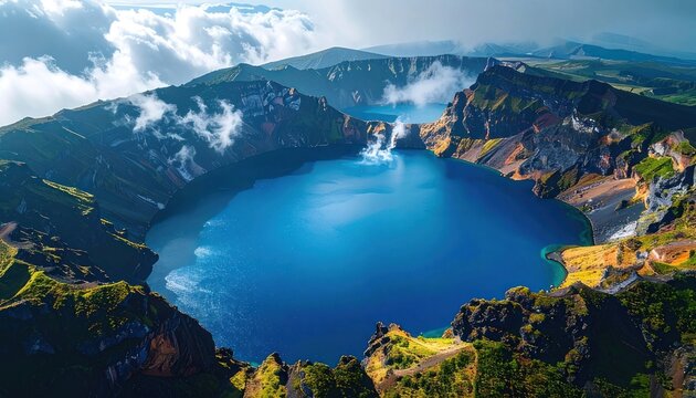 Serene caldera lake reflecting majestic peaks under a cloudy sky
