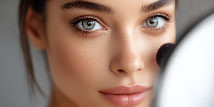 Close-up of a beautiful woman applying makeup with a brush to her cheek