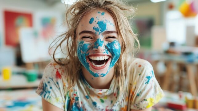 An expressive and joyful girl shows her creativity as she laughs with paint smeared across her face, embodying the spirit of art and the beauty of self-expression.