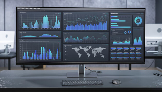 Business analytics on a large computer monitor in an office setting