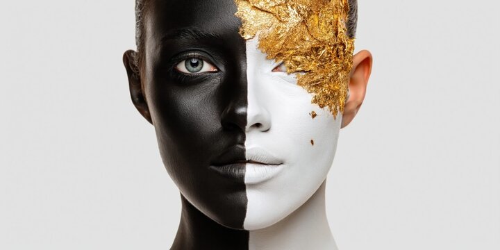Striking portrait of a woman's face split with black and white paint and gold leaf accents