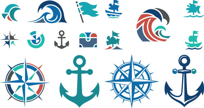 Collection of various nautical icons and symbols on white background
