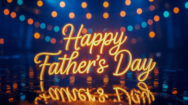 Glowing neon sign displaying the words happy father's day in a stylish golden script font resting on a wet dark surface with beautiful bokeh lights