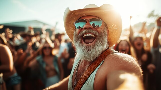 A joyful performer with a big smile and cowboy hat captures the spirit of an outdoor music festival, radiating happiness amidst an enthusiastic crowd.
