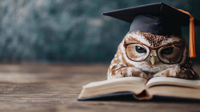 A charming owl wearing a graduation cap and glasses studies a book, perfectly illustrating wisdom and the pursuit of knowledge in a whimsical manner.