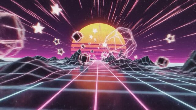 Glowing neon grid landscape featuring a sunset and floating geometric shapes in a retro style