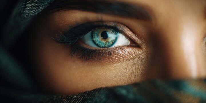 Extreme close-up of a Middle Eastern woman's piercing blue-green eye