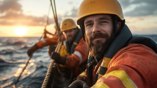 A rugged fisherman stands on a boat, setting the mood of adventure and hard work at sea, with the sun setting on the horizon, creating a warm and serene atmosphere.