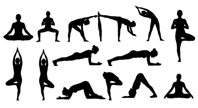 Black silhouettes of various yoga poses.