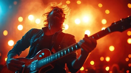 Obraz premium An energetic rock guitarist passionately performing on stage, illuminated by vibrant lights creating a captivating atmosphere for the audience during a live concert.