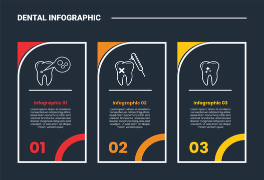 Dental infographic process diagram with vertical rectangle box container with curve on bottom and top side with dark background bright outline style 3 points