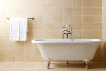 Fototapeta premium Soft neutral bathroom features beige tiled wall, classic freestanding bathtub, and white towel hanging on rack, creating serene atmosphere