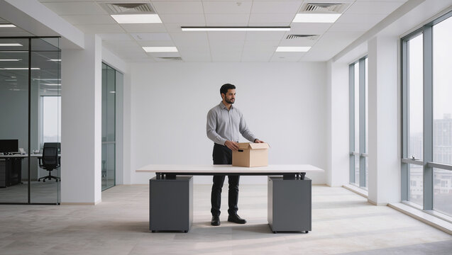Sad man packing personal belongings into cardboard box in empty office, layoff or job loss concept, employee leaving workplace after termination of contract
