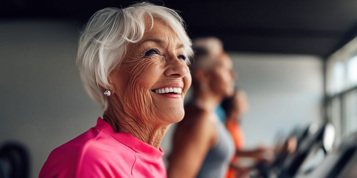 Smiling elderly woman enjoys a vigorous workout on a treadmill at the gym