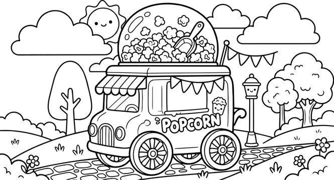 Cute Popcorn Food Truck Coloring Page Outline Illustration.