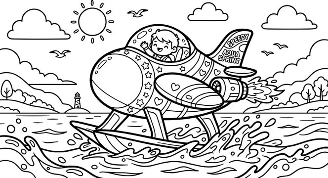 Happy Child Flying Seaplane Over Water Coloring Page.