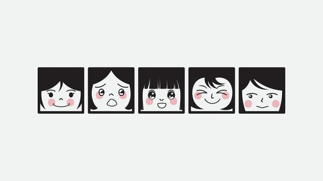 4k footage animation of Expression portrait grid of five diverse emotions laughing, crying, joy, and smiling against black and white backgrounds expressing pure joy in a grid layout